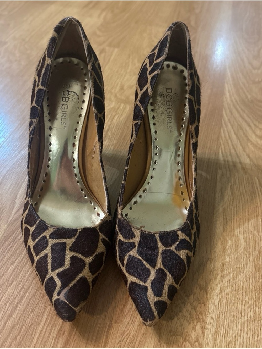BCBGirls Giraffe-Print Pointed Toe Pumps in Brown and Tan